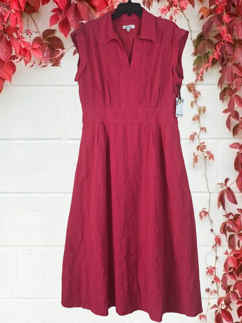 Kensie Deep Burgundy Collared Fit-and-Flare Midi Dress